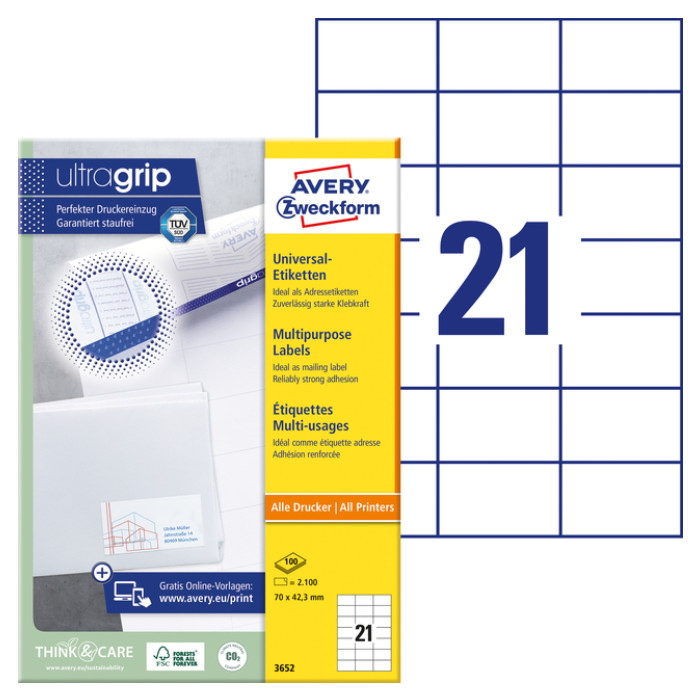 Etiket Avery Zweckform 3652 70x42.3mm wit 2100stuks