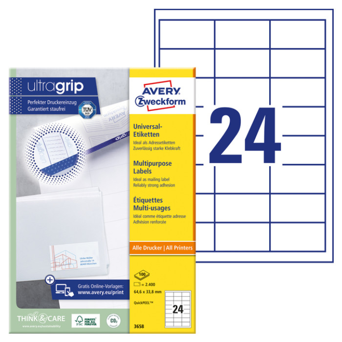 Etiket Avery Zweckform 3658 64.6x33.8mm wit 2400stuks