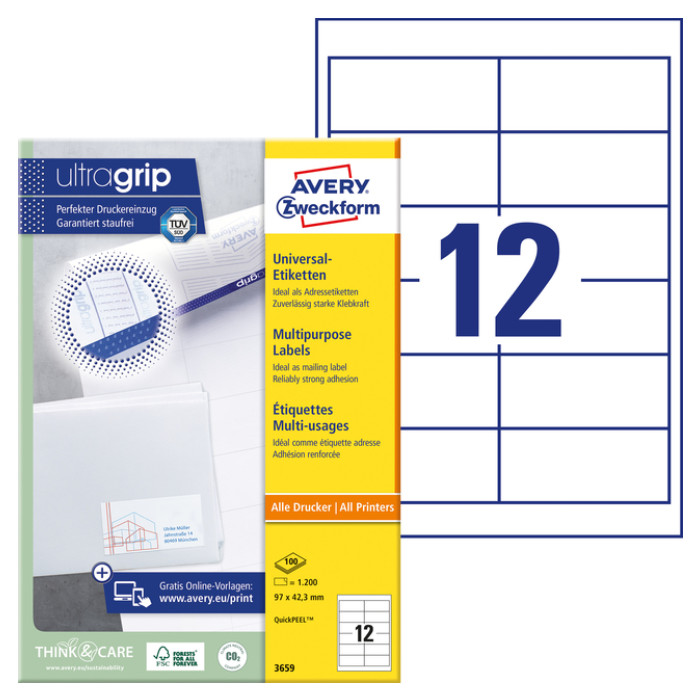 Etiket Avery Zweckform 3659 97x42.3mm wit 1200stuks