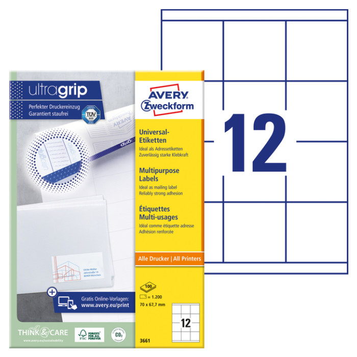 Etiket Avery Zweckform 3661 70x67.7mm wit 1200stuks