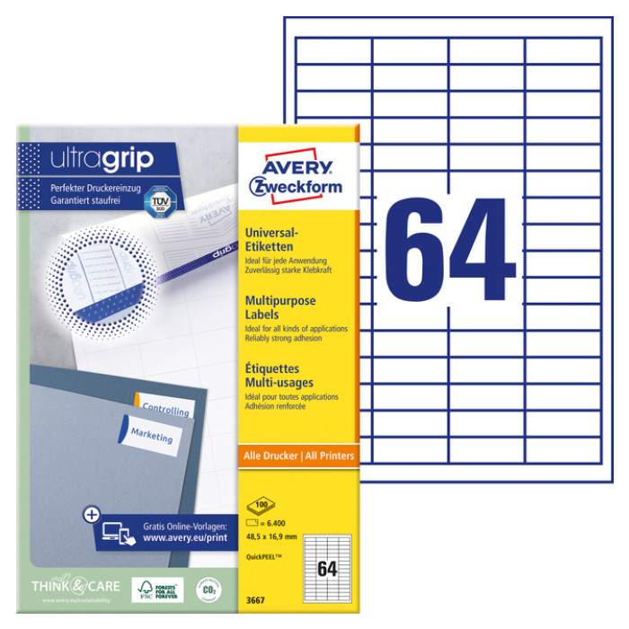 Etiket Avery Zweckform 3667 48.5x16.9mm wit 6400stuks