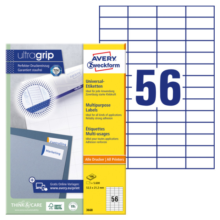 Etiket Avery Zweckform 3668 52.5x21.2mm wit 5600stuks