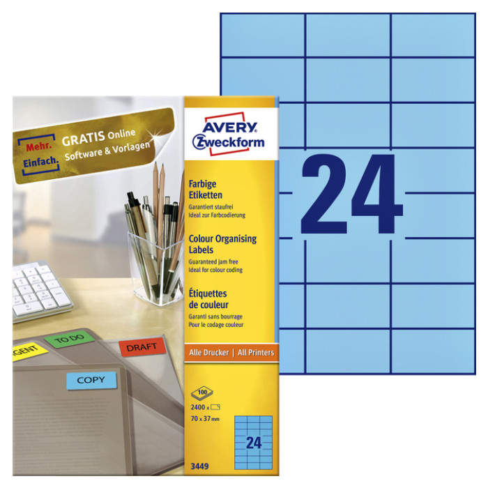 Etiket Avery Zweckform 3449 70x37mm blauw 2400stuks