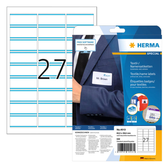 Naambadge etiket HERMA 4513 63.5x29.6mm wit/blauw
