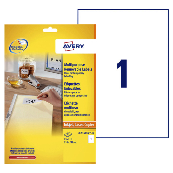 Etiket Avery L4735REV-25 210x297mm A4 wit 25 etiketten