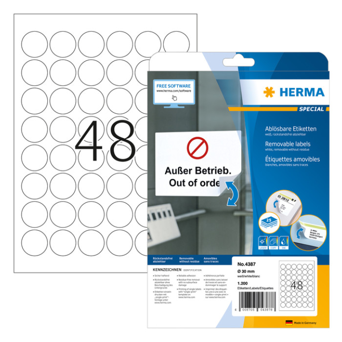 Etiket HERMA 4387 30mm verwijderbaar wit 1200 etiketten