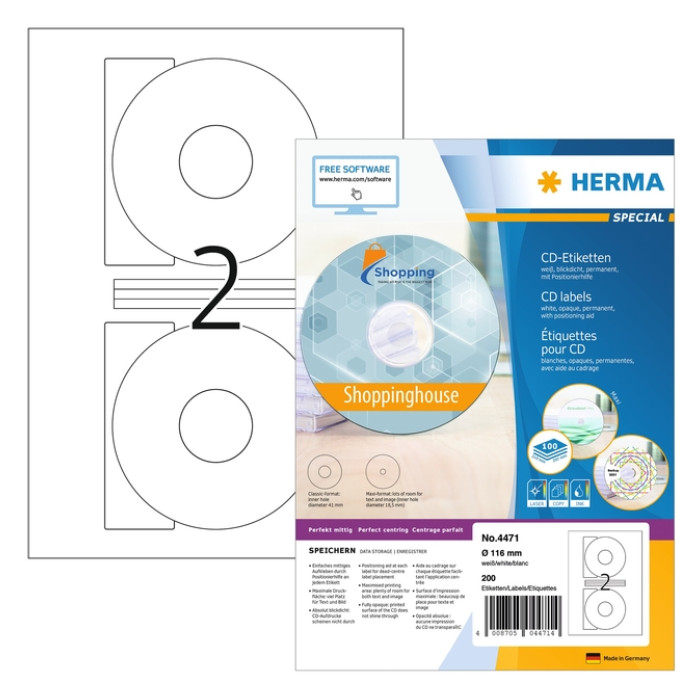 Etiket HERMA 4471 CD 116mm wit opaqua 200stuks