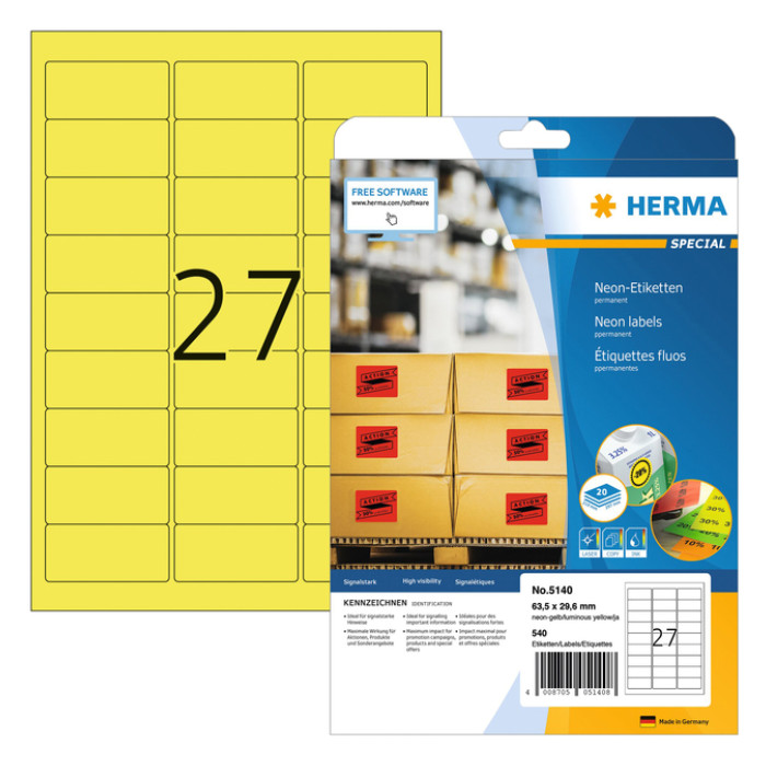 Etiket HERMA 5140 63.5x29.6mm neon geel 540 etiketten