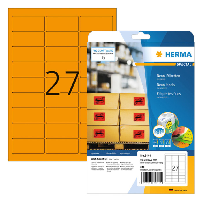 Etiket HERMA 5141 63.5x29.6mm neon oranje 540 etiketten