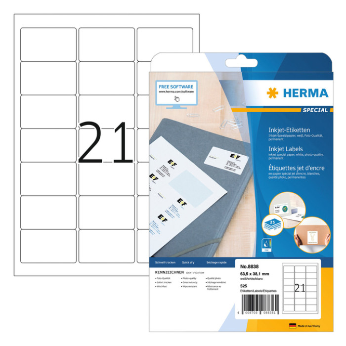 Etiket HERMA 8838 63.5x38.1mm mat wit 525stuks