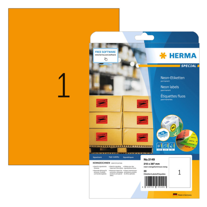 Etiket HERMA 5149 210x297mm A4 fluor oranje 20stuks