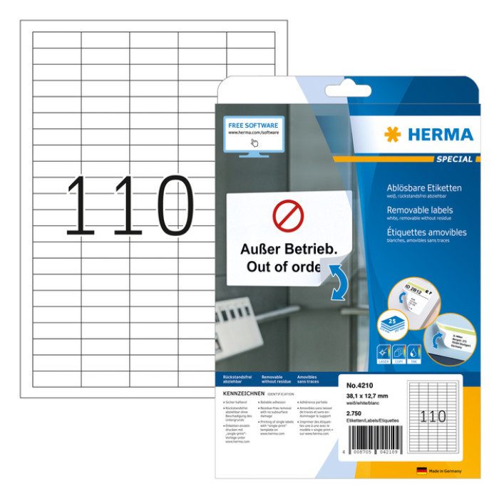 Etiket HERMA 4210 38.1x12.7mm verwijderbaar wit 2750 etiketten