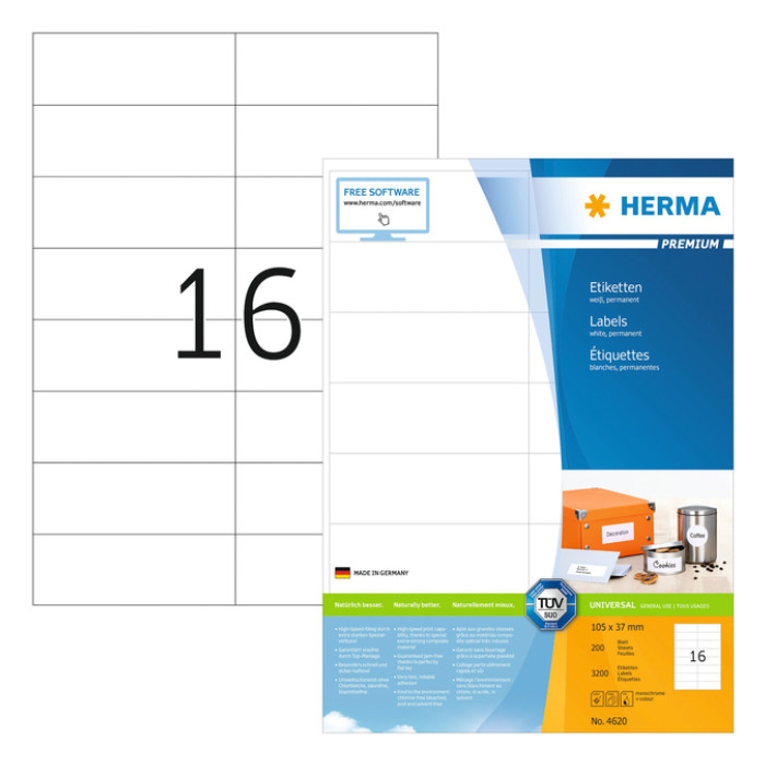 Etiket HERMA 4620 105x37mm premium wit 3200stuks