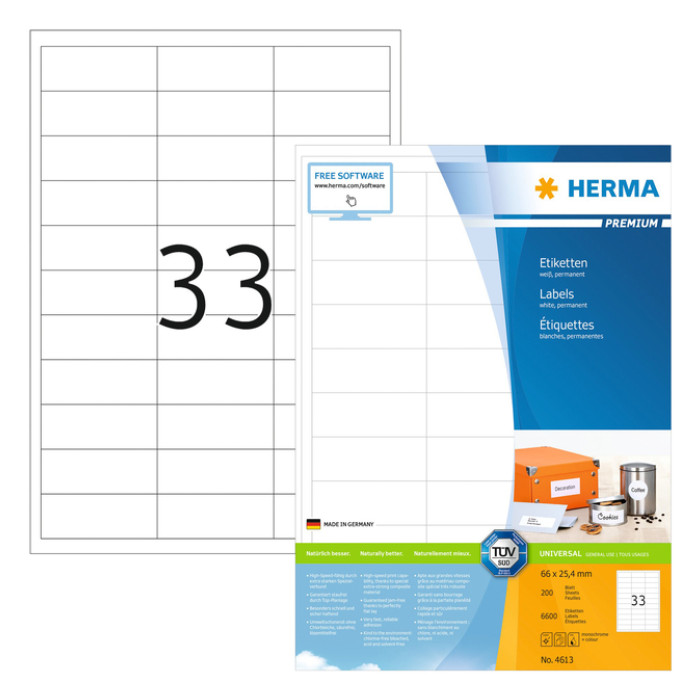 Etiket HERMA 4613 66x25.4mm premium wit 6600stuks