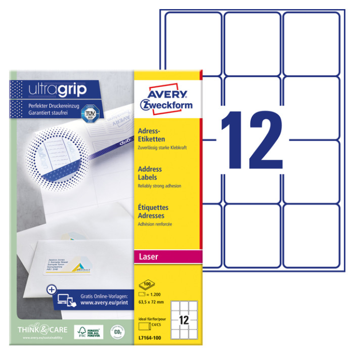 Etiket Avery L7164-100 63.5x72mm wit 1200 etiketten