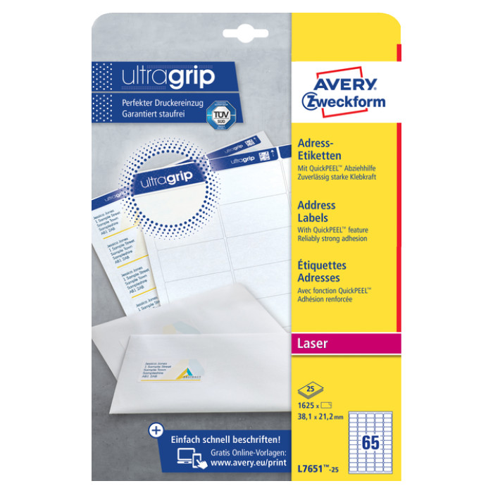 Etiket Avery L7651-25 38.1x21.2mm wit 1625 etiketten