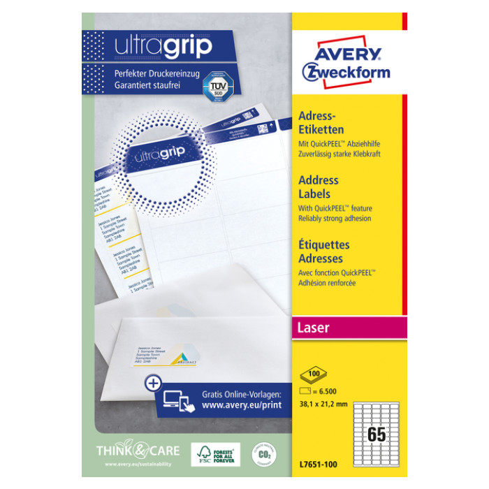 Etiket Avery L7651-100 38.1x21.2mm wit 6500 etiketten