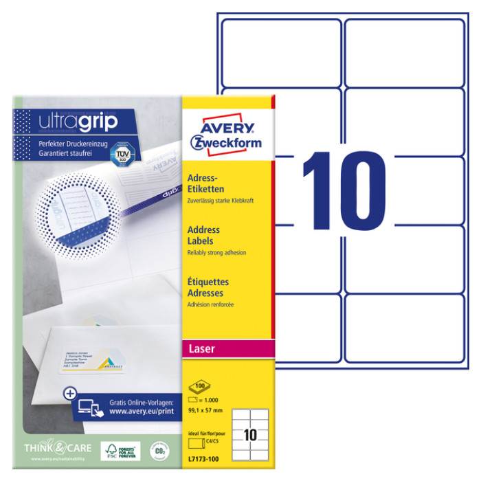 Etiket Avery L7173-100 99.1x57mm wit 1000 etiketten