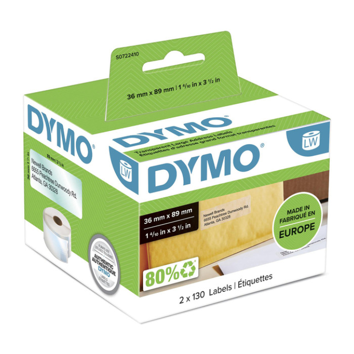 Etiket Dymo LabelWriter adressering 36x89mm 2 rollen á 130 stuks transparant