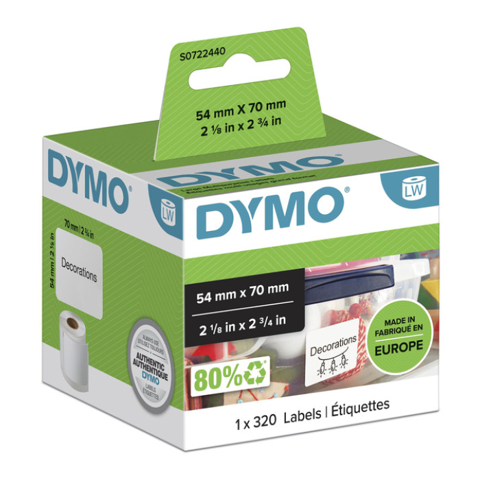 Etiket Dymo LabelWriter multifunctioneel 54x70mm 1 rol á 320 stuks wit