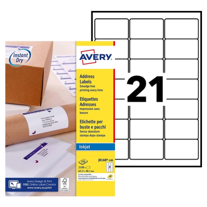 Etiket Avery J8160-100 63.5x38.1mm wit 2100 etiketten
