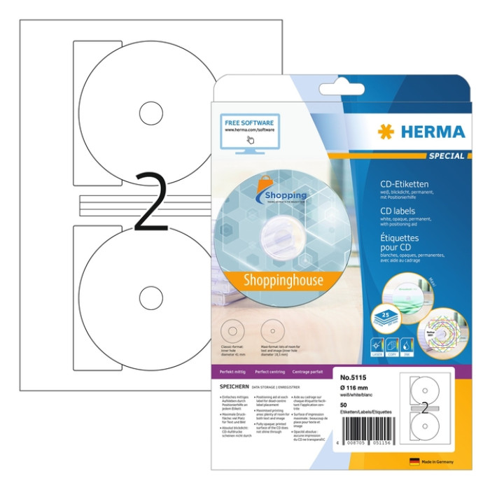 Etiket HERMA 5115 CD 116mm wit 50 stuks