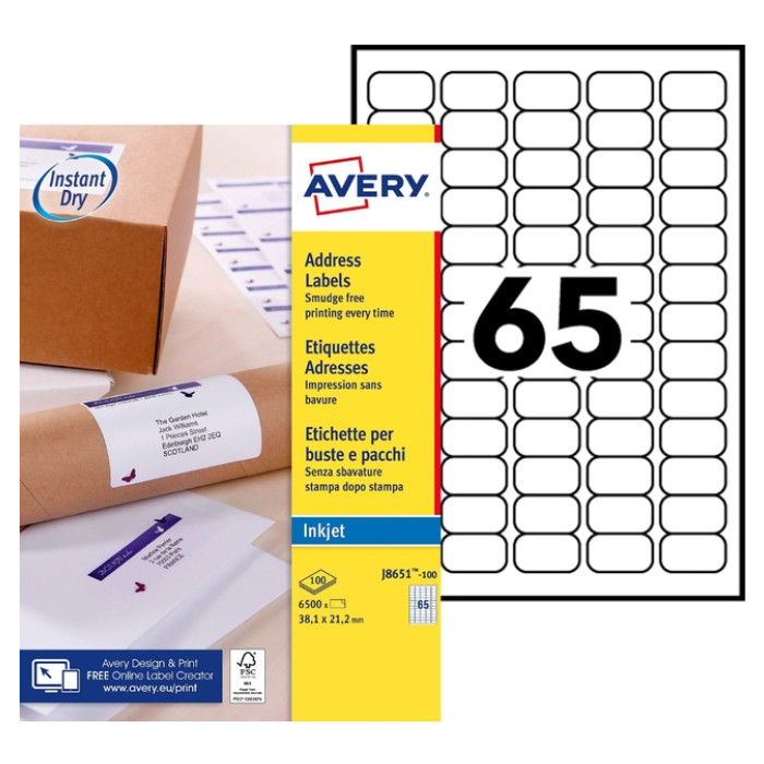 Etiket Avery J8651-100 38.1x21.2mm wit 6500 etiketten
