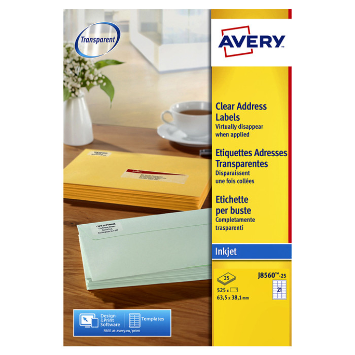 Etiket Avery J8560-25 63.5x38.1mm transparant 525 etiketten