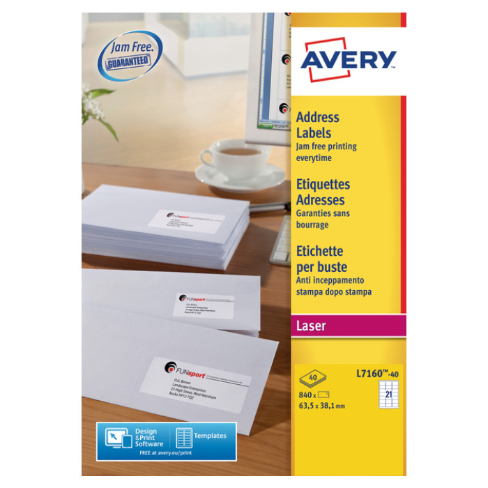 Etiket Avery L7160-40 63.5x38.1mm wit 840 etiketten