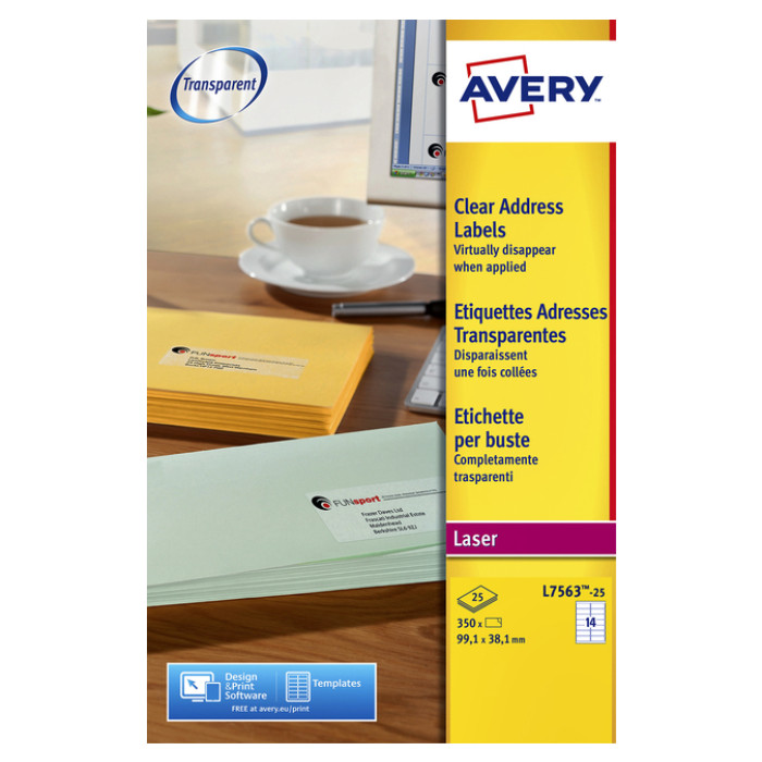 Etiket Avery L7563-25 99.1x38.1mm transparant  mat 350 etiketten