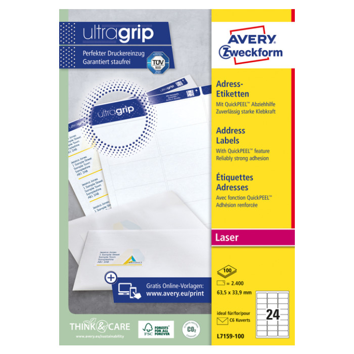 Etiket Avery L7159-100 63.5x33.9mm wit 2400 etiketten
