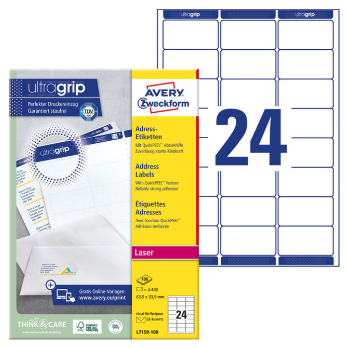 Etiket Avery L7159-100 63.5x33.9mm wit 2400 etiketten
