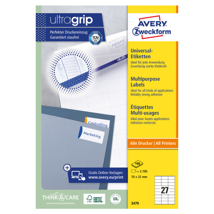 Etiket Avery Zweckform 3479 70x32mm wit 2700stuks