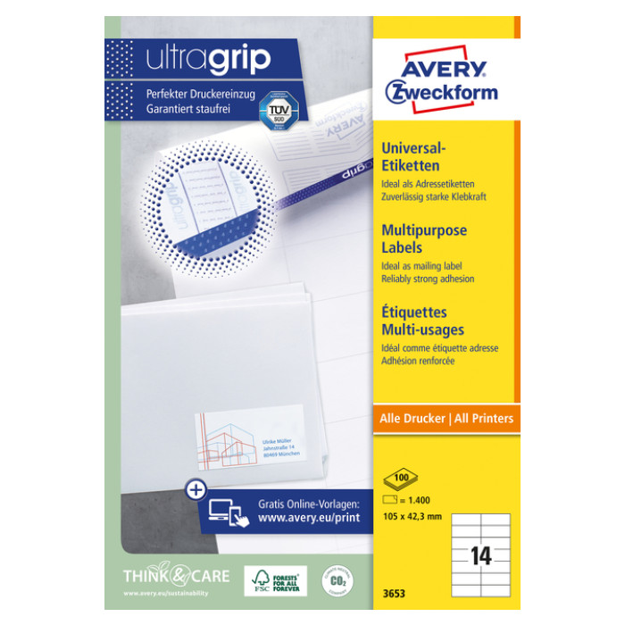 Etiket Avery Zweckform 3653 105x42.3Mm wit 1400stuks
