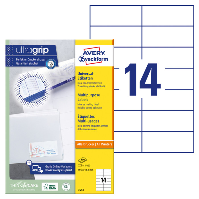 Etiket Avery Zweckform 3653 105x42.3Mm wit 1400stuks