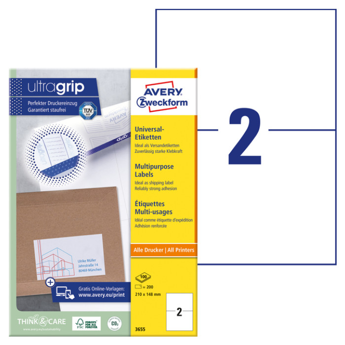 Etiket Avery Zweckform 3655 210x148mm A5 wit 200stuks