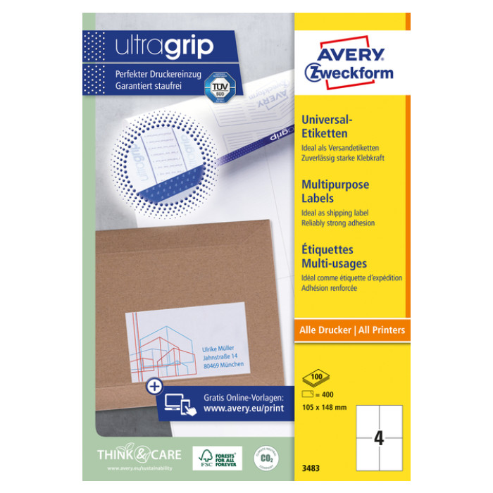 Etiket Avery Zweckform 3483 105x148mm A6 wit 400stuks