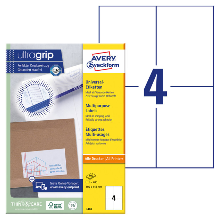 Etiket Avery Zweckform 3483 105x148mm A6 wit 400stuks