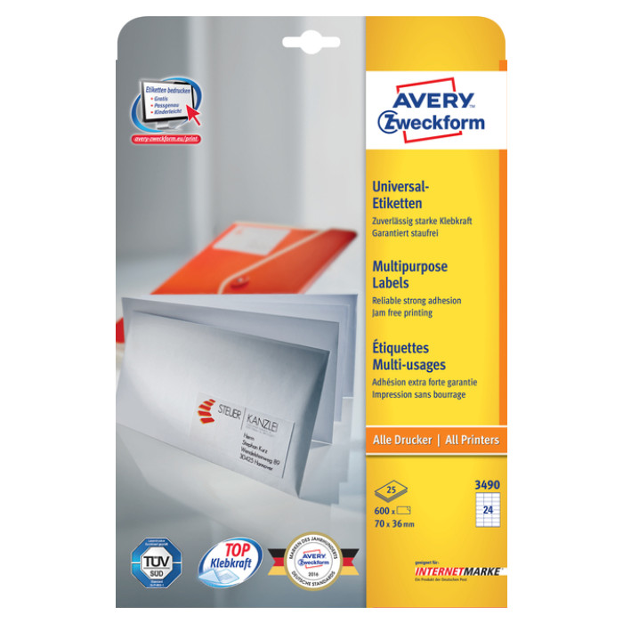 Etiket Avery Zweckform 3490 70x36mm wit 600stuks