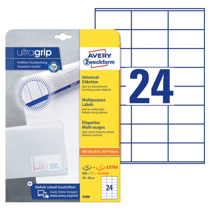 Etiket Avery Zweckform 3490 70x36mm wit 600stuks