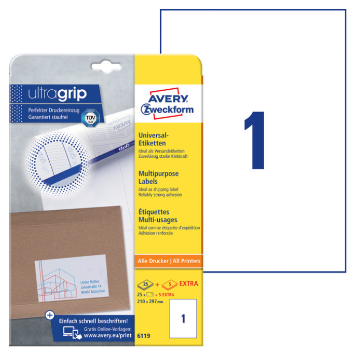 Etiket Avery Zweckform 6119 210x297mm A4 wit 25stuks