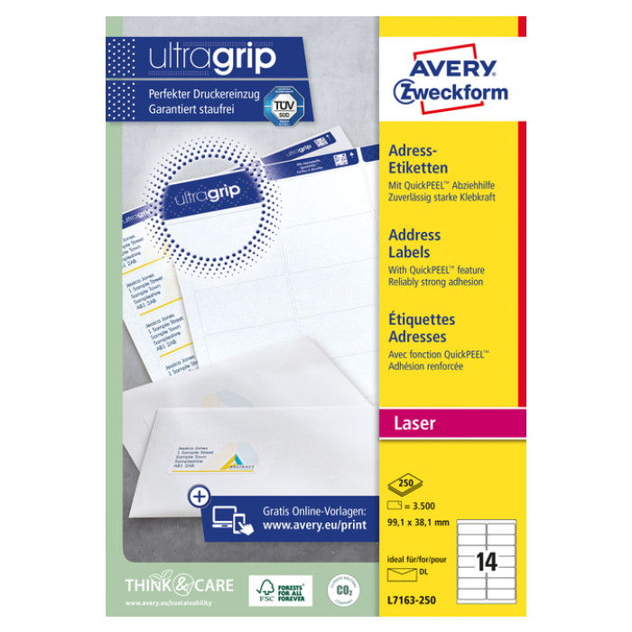 Etiket Avery L7163-250 99.1x38.1mm wit 3500 etiketten