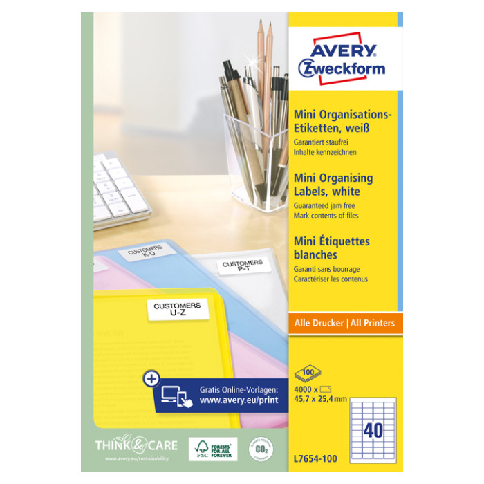 Etiket Avery L7654-100 45.7x25.4mm wit 4000 etiketten