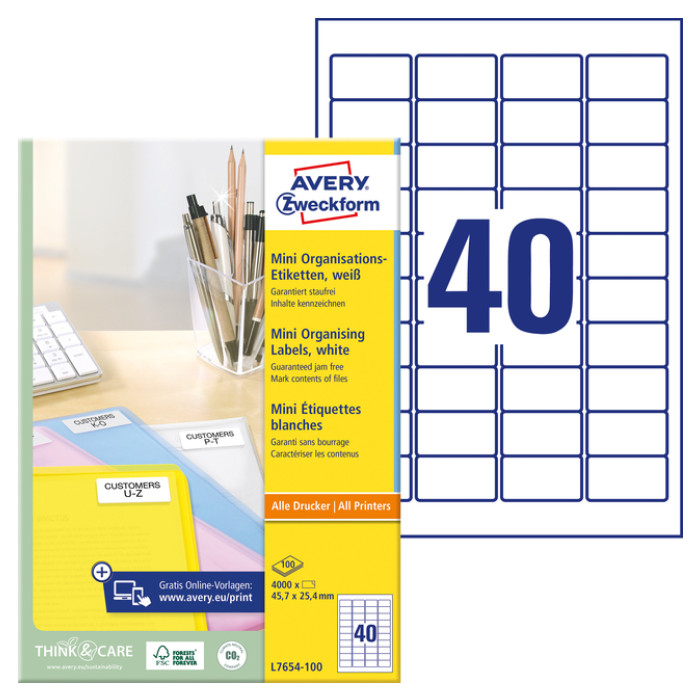 Etiket Avery L7654-100 45.7x25.4mm wit 4000 etiketten