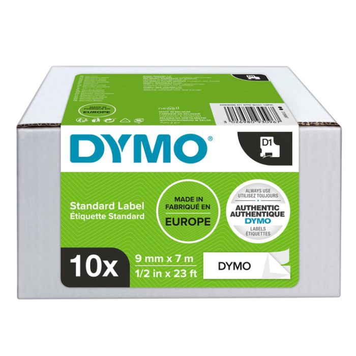 Labeltape Dymo LabelManager D1 polyester 9mm zwart op wit 10 stuks
