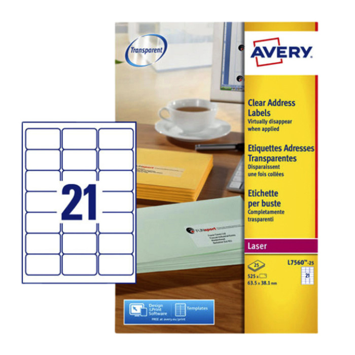 Etiket Avery L7560-25 63.5x38.1mm transparant 525 etiketten