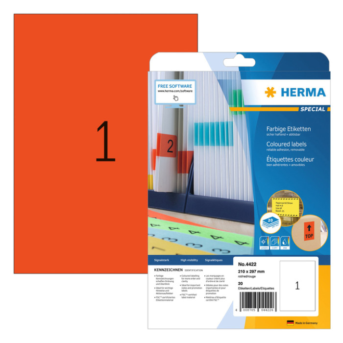 Etiket HERMA 4422 210x297mm A4 verwijderbaar rood 20stuks