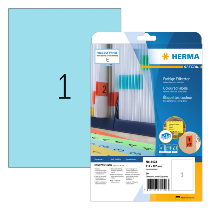 Etiket HERMA 4423 210x297mm A4 verwijderbaar blauw 20stuks
