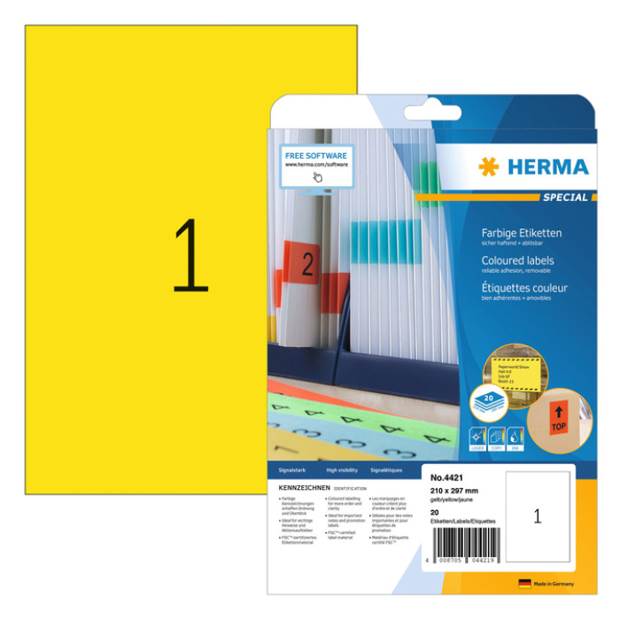 Etiket HERMA 4421 210x297mm verwijderbaar A4 geel 20stuks