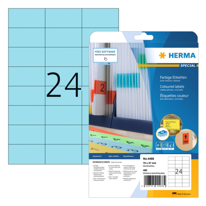 Etiket HERMA 4468 70x37mm verwijderbaar blauw 480stuks